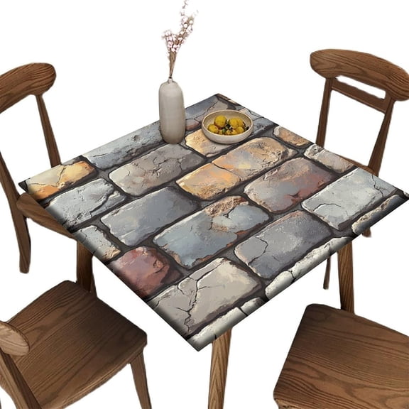 Fitted Patio Squares Tablecloth, Brick Wall Pattern Printed on Oilproof Elastic Outdoor Table Cover, Ideal for Dining & Kitchen Tables, Fit for 36" x 36" Square Tables