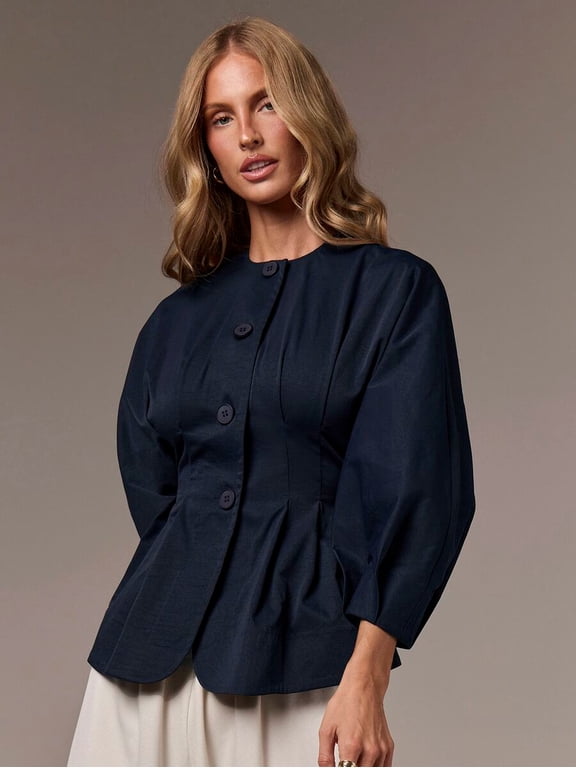 Fitted Peplum Blouse with Puff Sleeves and Button Down Front