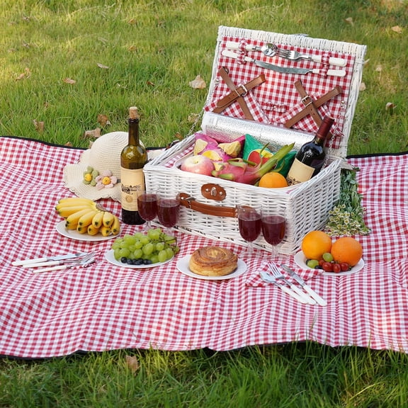 Fitted Picnic Baskets Cooler Set for 4 Persons with Large Waterproof Picnic Blanket, Insulated Compartment and Cutlery Service Kit-Red
