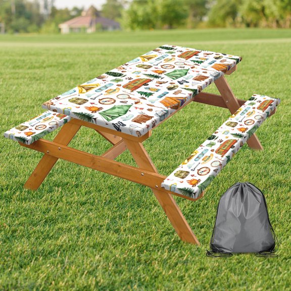 Fitted Picnic Table Cover with Bench Covers and Bag, 5ft Outdoor Camper Fitted Picnic Table Cover Cloths with Elastic Edges for Patio Camping Essentials, Waterproof Camping Fitted Tablecloth