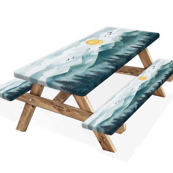 Fitted Picnic Table Cover with Bench Covers with Drawstring Bag, 5Ft Mountain Landscape Fitted Picnic Table Cloths Elastic Outdoor Picnic Tablecloth for Camping Patio Travel Essentials