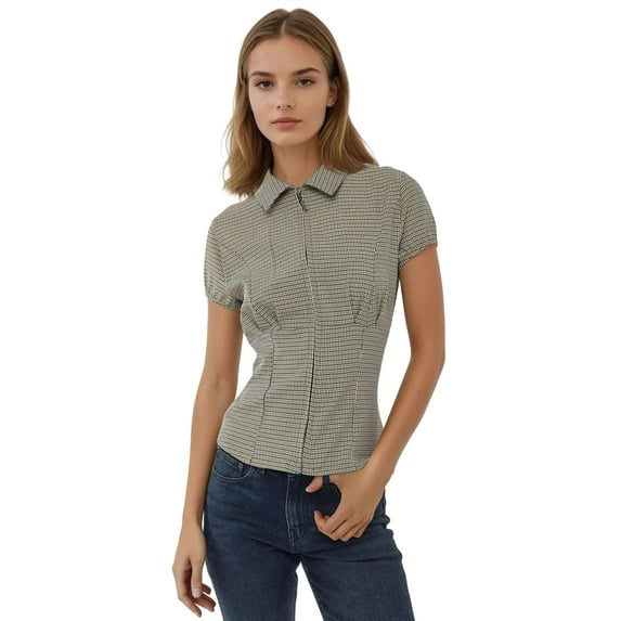 Fitted Plaid Crew Neck Zippered Top