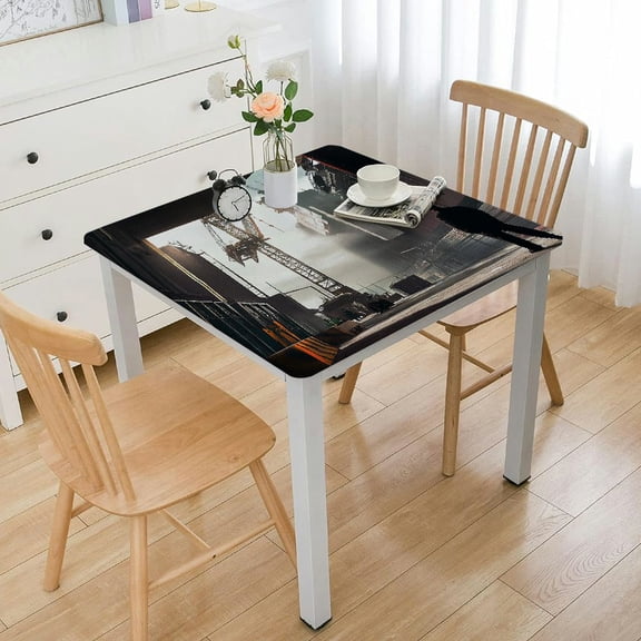 Fitted Polyester Tablecloth Square, Marble Elastic Edge Home Decor Table Cover, Dust & Wrinkle Proof Fabric Table Cover for Garden Patio Picnic Use, Fits Square Table