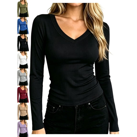 Fitted Ribbed Knit Long Sleeve T-Shirt for Women V-Neck Slim Fit Basic Layering Casual Everyday Fall Winter Top