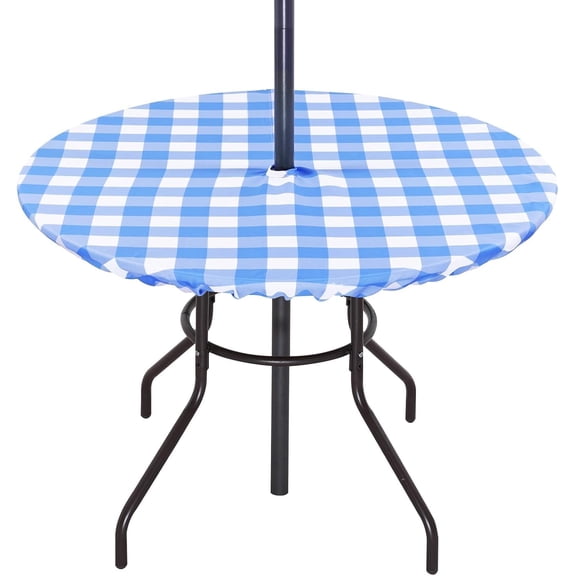 Fitted Round Blue Checkered Outdoor Tablecloth, Polyester SpillProof Plaid Table Cloth with Umbrella Hole Zipper Elastic for Patio Garden Poolside Picnic Fits to 36"-44" Patio Table