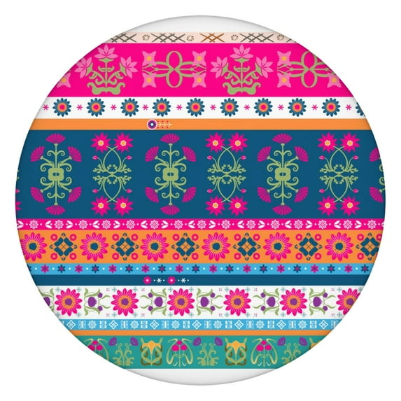 Fitted Round Table Cover Boho Floral Motif, Elastic Hem for 52-56 Inch Tables, Machine Washable Fabric for Dining Patio Party