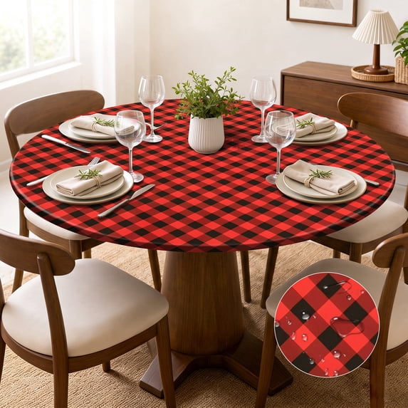 Fitted Round Tablecloth 45"-56", Waterproof Wipe Clean PVC Table Cover with Flannel Backing, Elastic Edge for Indoor Outdoor Dining, Black Red