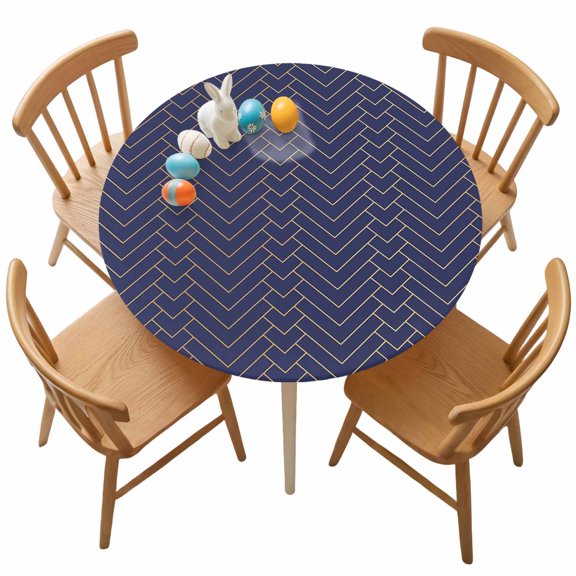 Fitted Round Tablecloth Abstract Geometric Elastic Stretch Table Cover,Waterproof Oil Proof Table Cloth for Dinner,Outdoor,Picnic, 45"- 54" DIA Navy Blue Gold Minimalist Herringbone Pattern
