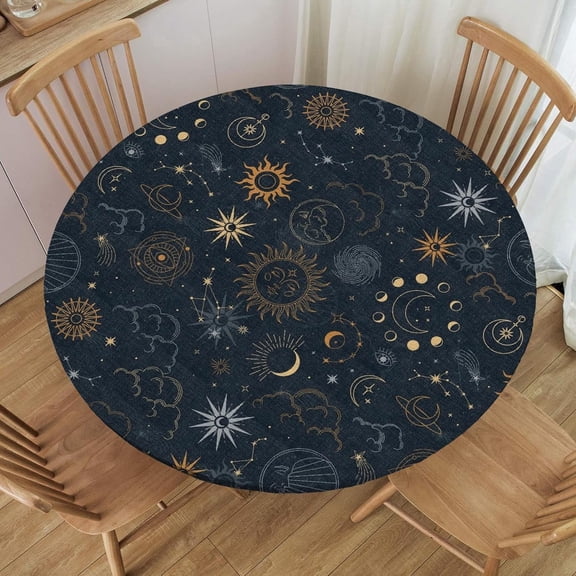 Fitted Round Tablecloth, Elastic Edge Design,Suitable for Round Tables Ranging from 36 in to 44 in,Round Outdoor Tablecloth,Gothic Style/Starry Moon,Easy Clean & Stain Resistant