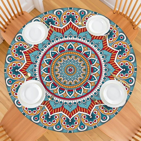 Fitted Round Tablecloth, Elastic Edge Design,Suitable for Round Tables Ranging from 36 in to 44 in,Round Outdoor Tablecloth,Mandala Style,Easy Clean & Stain Resistant