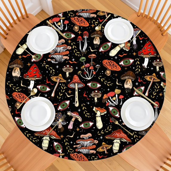 Fitted Round Tablecloth, Elastic Edge Design,Suitable for Round Tables Ranging from 36 in to 44 in,Round Outdoor Tablecloth,Mushroom Pattern,Easy Clean & Stain Resistant