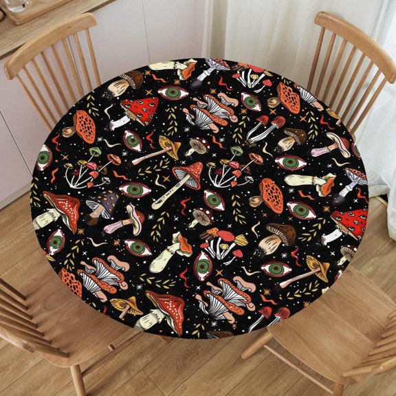 Fitted Round Tablecloth, Elastic Edge Design,Suitable for Round Tables Ranging from 36 in to 44 in,Round Outdoor Tablecloth,Mushroom Pattern,Easy Clean & Stain Resistant