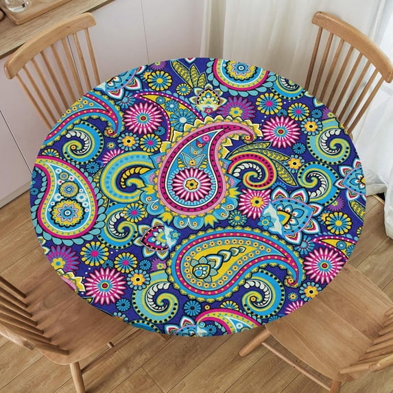 Fitted Round Tablecloth, Elastic Edge Design,Suitable for Round Tables Ranging from 44"-60",Round Outdoor Tablecloth,Paisley Style,Easy Clean & Stain Resistant