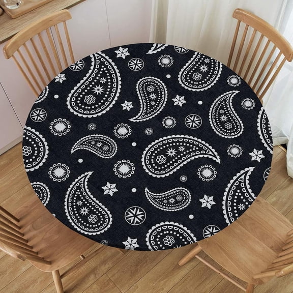 Fitted Round Tablecloth, Elastic Edge Design,Suitable for Round Tables Ranging from 45 in to 52 in,Round Outdoor Tablecloth,Paisley Style,Easy Clean & Stain Resistant