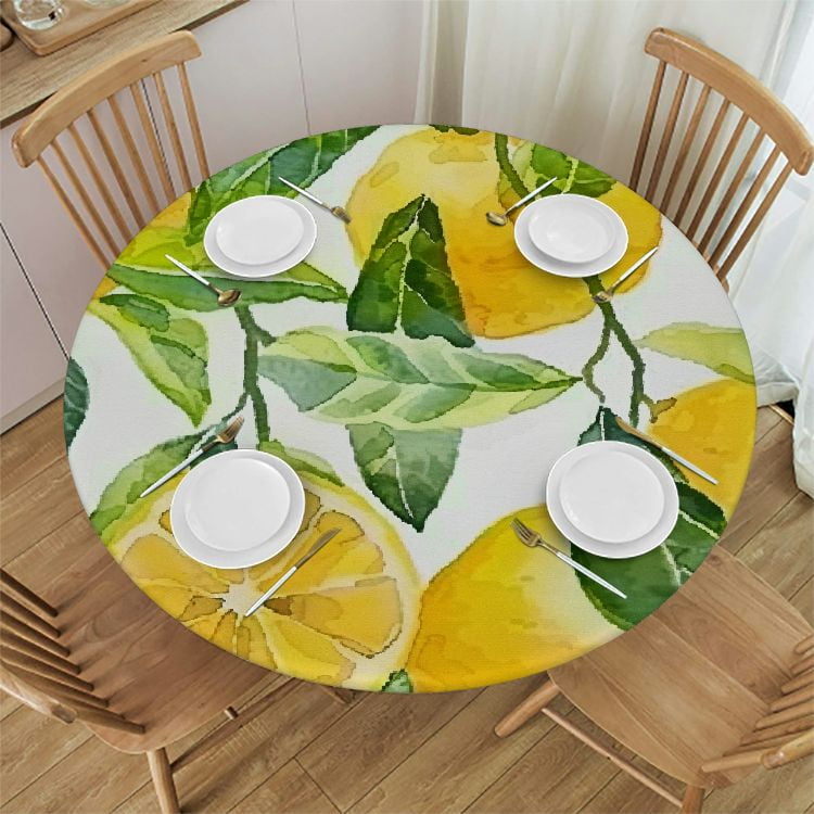 Fitted Round Tablecloth Elastic Edge Table Cover Home Decorative Lemon