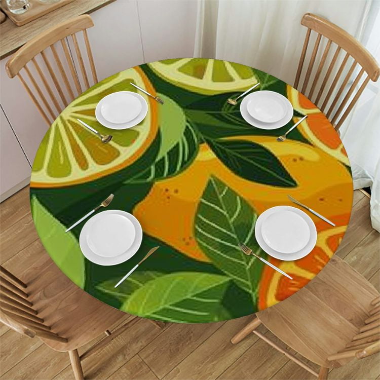 Fitted Round Tablecloth Elastic Edge Table Cover Home Decorative Lemon Tablecloth for Indoor