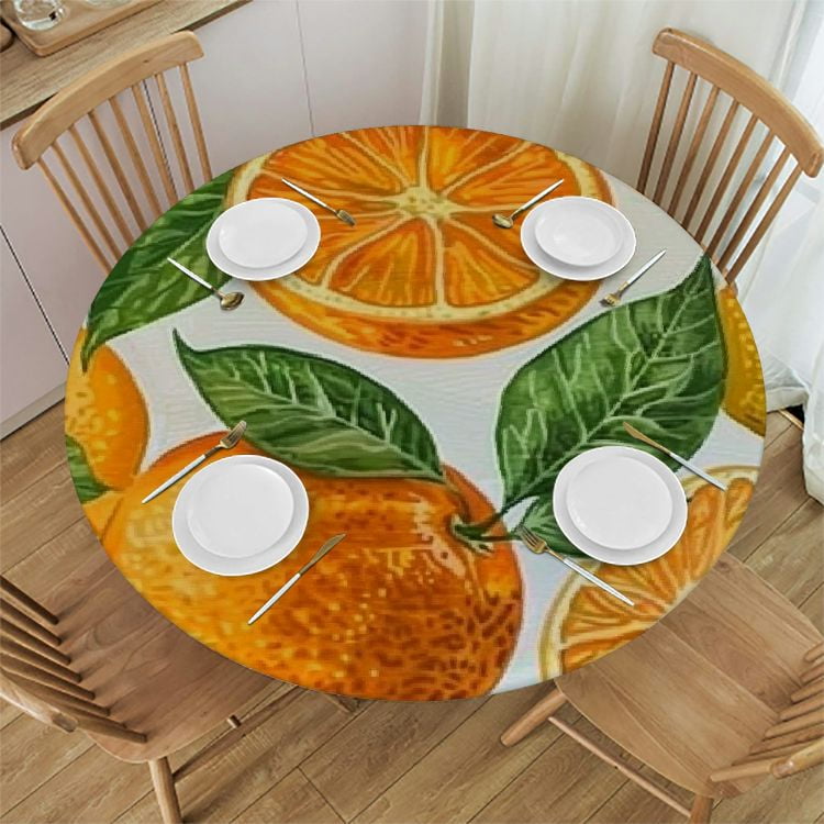 Fitted Round Tablecloth Elastic Edge Table Cover Home Decorative Lemon Tablecloth for Indoor