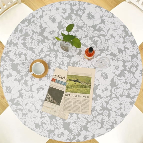 Xiyztok Fitted Round Tablecloth with Elastic Edge, Waterproof Vinyl Table Cover for 45"-56" Tables, Gray