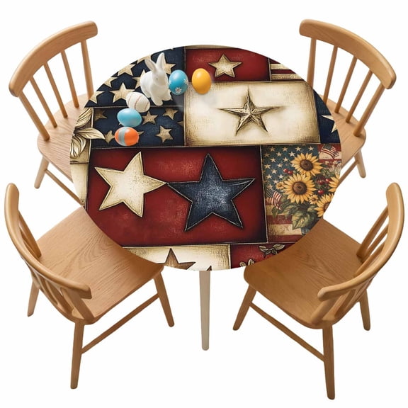 Fitted Round Tablecloth Farmhouse Primitive Barn Stars Elastic Stretch Table Cover,Waterproof Oil Proof Table Cloth for Dinner,Outdoor,Picnic, 36"- 44" DIA Retro American Flag Blue Red