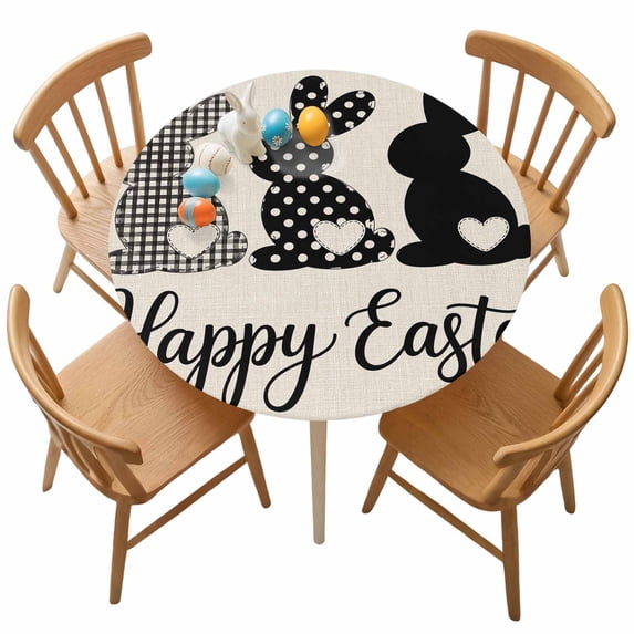 Fitted Round Tablecloth Happy Easter Elastic Stretch Table Cover,Waterproof Oil Proof Table Cloth for Dinner,Outdoor,Picnic, 45"- 54" DIA Easter Bunny Tails Beige