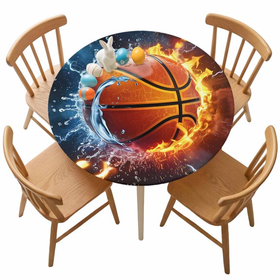 Fitted Round Tablecloth Lightning Basketball Elastic Stretch Table Cover,Waterproof Oil Proof Table Cloth for Dinner,Outdoor,Picnic, 36"- 44" DIA Water And Fire