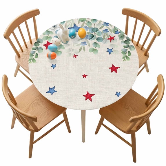 Fitted Round Tablecloth Patriotic 4th of July Elastic Stretch Table Cover,Waterproof Oil Proof Table Cloth for Dinner,Outdoor,Picnic, 55"- 60" DIA Red Blue Stars Eucalyptus Leaves Beige
