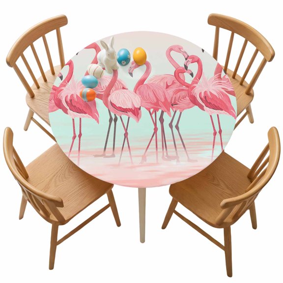 Fitted Round Tablecloth Pink Tropical Flamingo Elastic Stretch Table Cover,Waterproof Oil Proof Table Cloth for Dinner,Outdoor,Picnic, 55"- 60" DIA Teal Beach