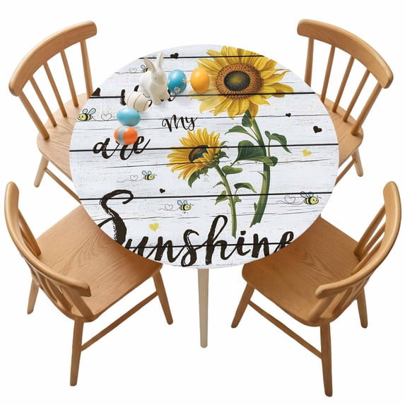 Fitted Round Tablecloth Sunshine Wood Grain Elastic Stretch Table Cover,Waterproof Oil Proof Table Cloth for Dinner,Outdoor,Picnic, 36"- 44" DIA Sunflower