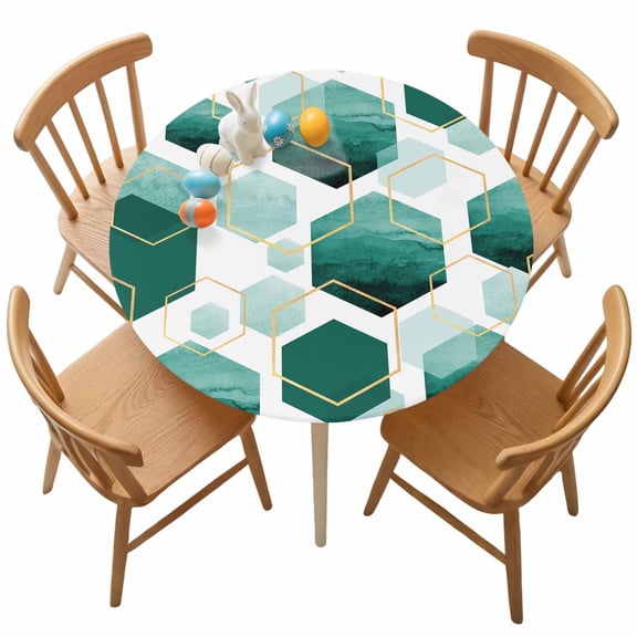 Fitted Round Tablecloth Teal White Gold Geometric Elastic Stretch Table Cover,Waterproof Oil Proof Table Cloth for Dinner,Outdoor,Picnic, 45"- 54" DIA Modern Abstract Hexagon Pattern