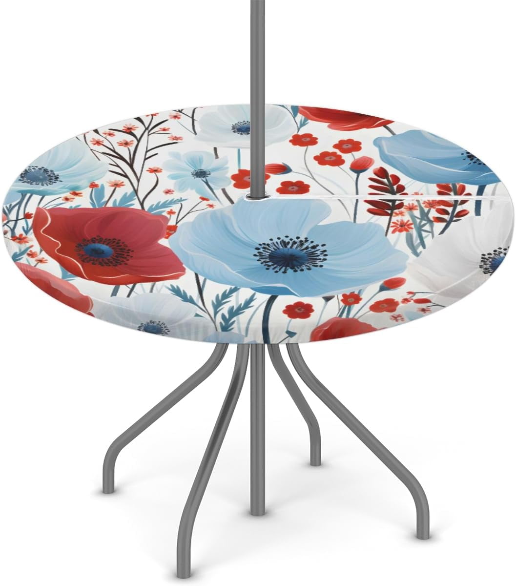 Fitted Round Tablecloth with Umbrella Hole, Red and Blue Flower Outdoor ...