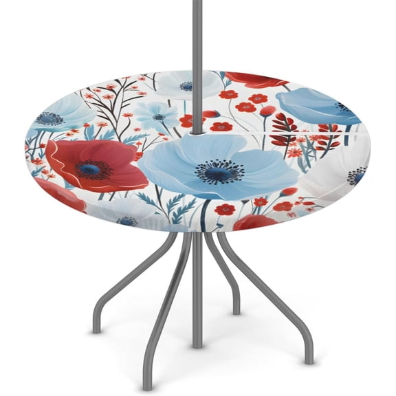 Fitted Round Tablecloth with Umbrella Hole, Red and Blue Flower Outdoor Table Cloth Circle Tablecloths Waterproof Umbrella Table Cover for Party Picnic, Fit for 36"-44" Round Tables
