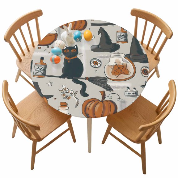 Fitted Round Tablecloth Vintage Halloween Pattern Elastic Stretch Table Cover,Waterproof Oil Proof Table Cloth for Dinner,Outdoor,Picnic, 36"- 44" DIA Pumpkin Witch Hat Black Cat