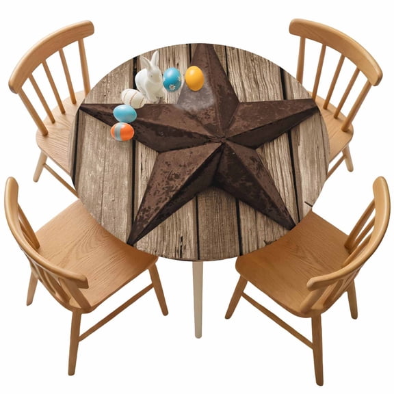Fitted Round Tablecloth Vintage Western Stars Elastic Stretch Table Cover,Waterproof Oil Proof Table Cloth for Dinner,Outdoor,Picnic, 36"- 44" DIA Brown Farmhouse Wood Texture
