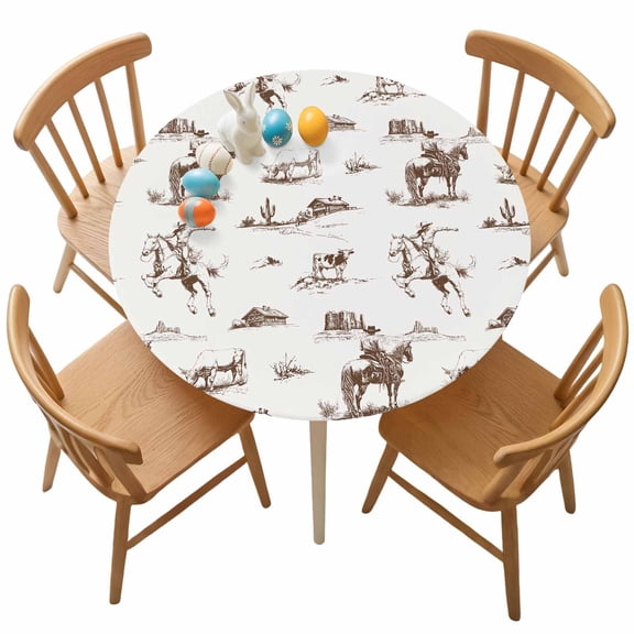Fitted Round Tablecloth Western Farmhouse Elastic Stretch Table Cover,Waterproof Oil Proof Table Cloth for Dinner,Outdoor,Picnic, 45"- 54" DIA Cowboy Horse Desert Brown White