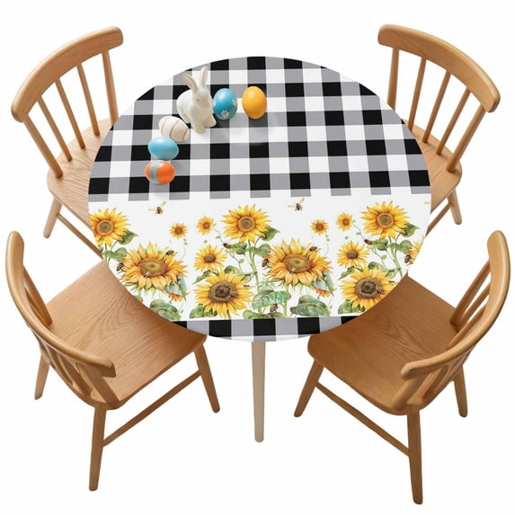Fitted Round Tablecloth Yellow Farmhouse Sunflowers Elastic Stretch Table Cover,Waterproof Oil Proof Table Cloth for Dinner,Outdoor,Picnic, 36"- 44" DIA Retro Black White Check Plaid