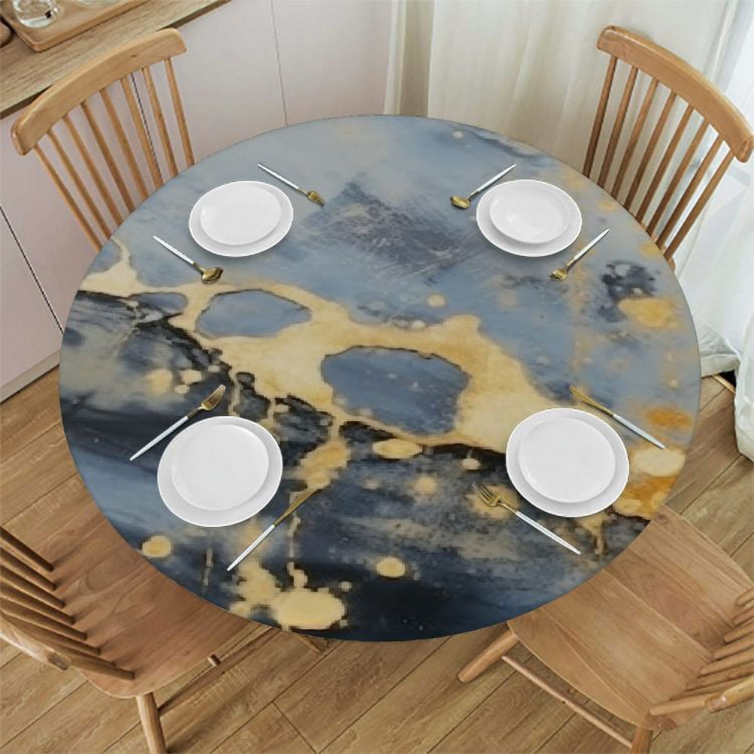 Fitted Round Tablecloths, Blue and Gold Marble Waterproof Wipe Clean