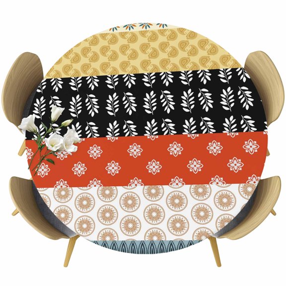Fitted Round Tablecloths Elastic Edged Table Covers 36"-44",Boho Flower Leaf Waterproof Dining Room Table Cloth