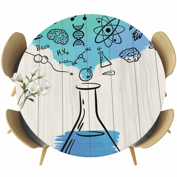 Fitted Round Tablecloths Elastic Edged Table Covers 36"-44",Chemical Formula Beaker on Wood Grain Waterproof Dining Room Table Cloth