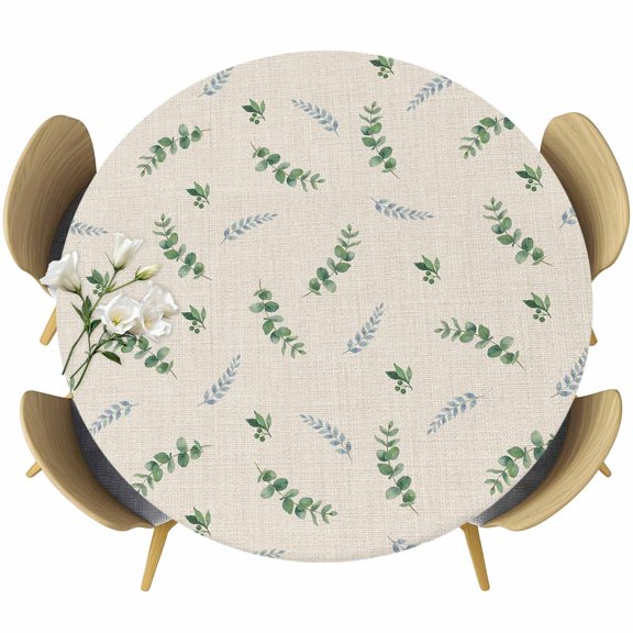 Fitted Round Tablecloths Elastic Edged Table Covers 36"-44",Country Eucalyptus Retro Linen Waterproof Dining Room Table Cloth