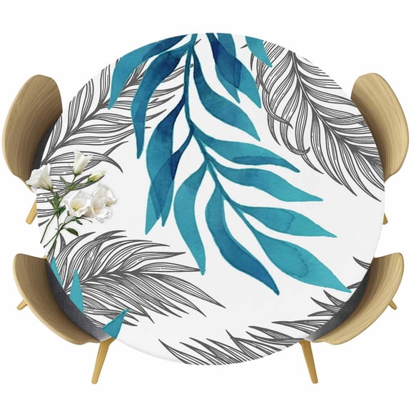 Fitted Round Tablecloths Elastic Edged Table Covers 36"-44",Country Watercolor Leaf Waterproof Dining Room Table Cloth