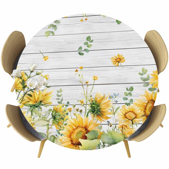 Fitted Round Tablecloths Elastic Edged Table Covers 36"-44",Country Yellow Sunflower Waterproof Dining Room Table Cloth