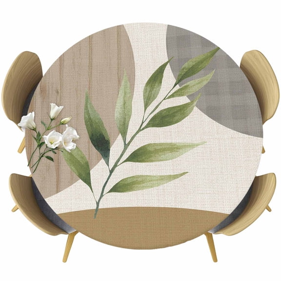 Fitted Round Tablecloths Elastic Edged Table Covers 36"-44",Delicate Leaf Branch Waterproof Dining Room Table Cloth