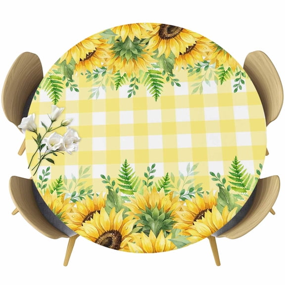 Fitted Round Tablecloths Elastic Edged Table Covers 36"-44",Farmhouse Sunflower Leaf Waterproof Dining Room Table Cloth