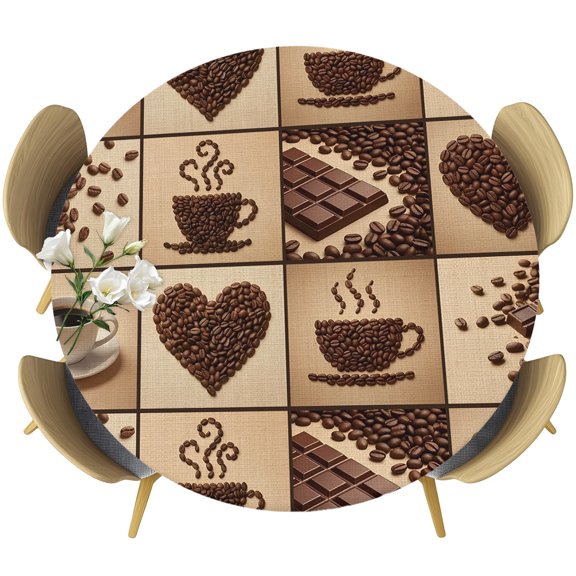 Fitted Round Tablecloths Elastic Edged Table Covers 36"-44",Heart Shape Coffee Beans Waterproof Dining Room Table Cloth