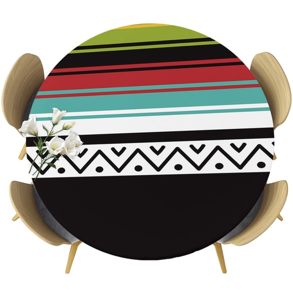 Fitted Round Tablecloths Elastic Edged Table Covers 36"-44",Indian Hippie Colorful Striped Waterproof Dining Room Table Cloth