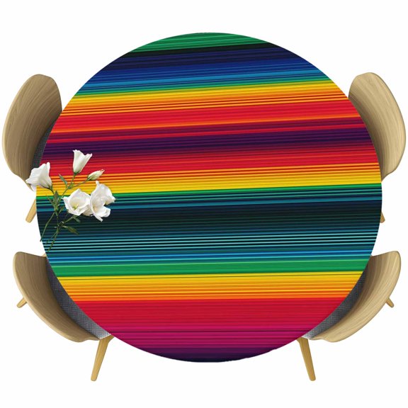 Fitted Round Tablecloths Elastic Edged Table Covers 36"-44",Mexico Colored Stripes Watercolor Gradient Line Waterproof Dining Room Table Cloth