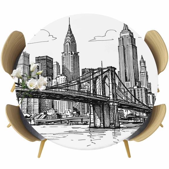 Fitted Round Tablecloths Elastic Edged Table Covers 36"-44",Modern Bridge Building Sketch Waterproof Dining Room Table Cloth