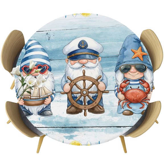 Fitted Round Tablecloths Elastic Edged Table Covers 36"-44",Nautical Gnome Blue Ocean Waterproof Dining Room Table Cloth
