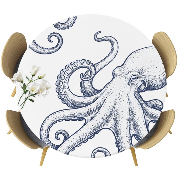 Fitted Round Tablecloths Elastic Edged Table Covers 36"-44",Ocean Life Octopus Navy Blue Waterproof Dining Room Table Cloth