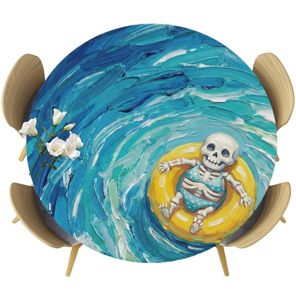 Fitted Round Tablecloths Elastic Edged Table Covers 36"-44",Ombre Blue Ocean Funny Skeleton Waterproof Dining Room Table Cloth